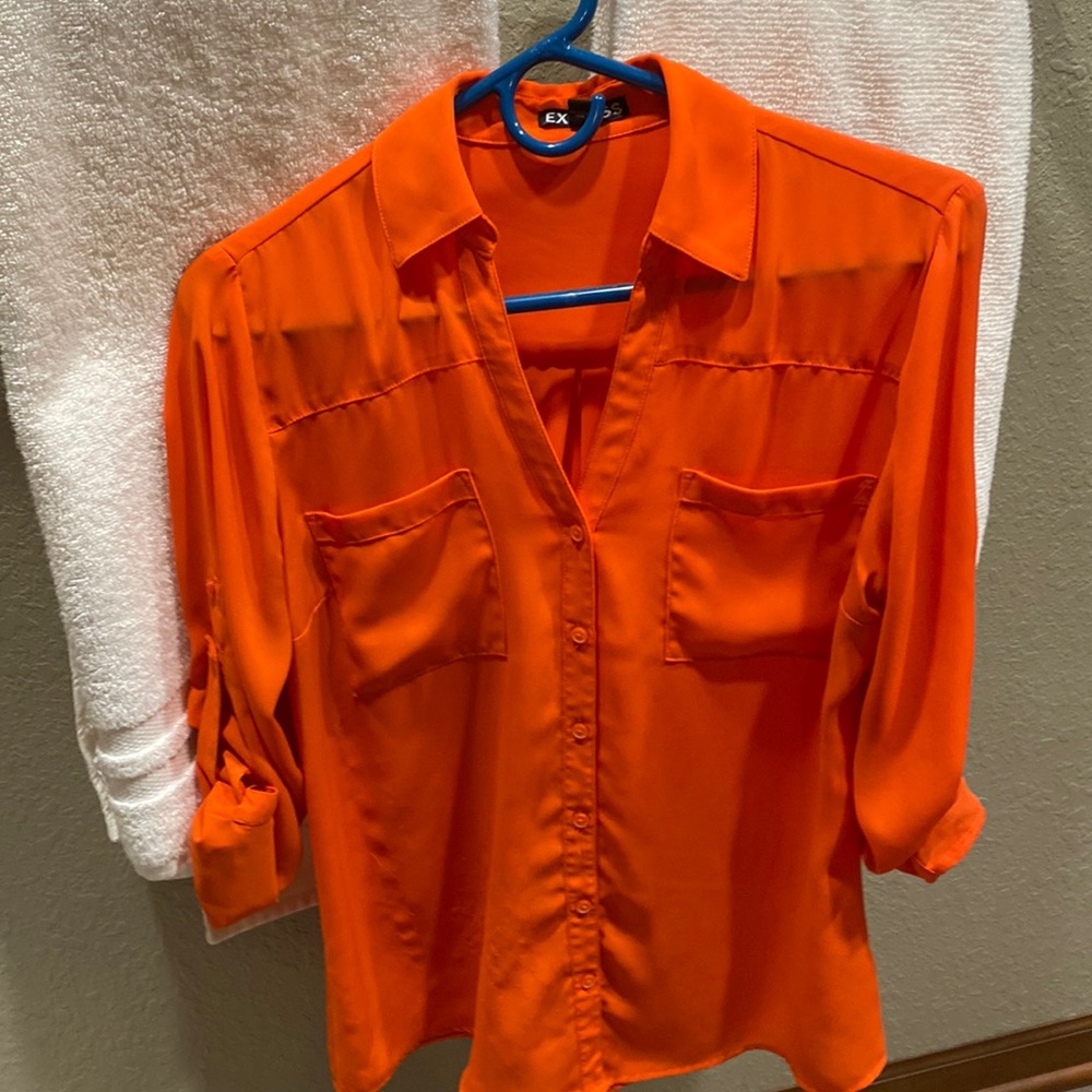 Express Portofino Button Down Blouse Medium Orange